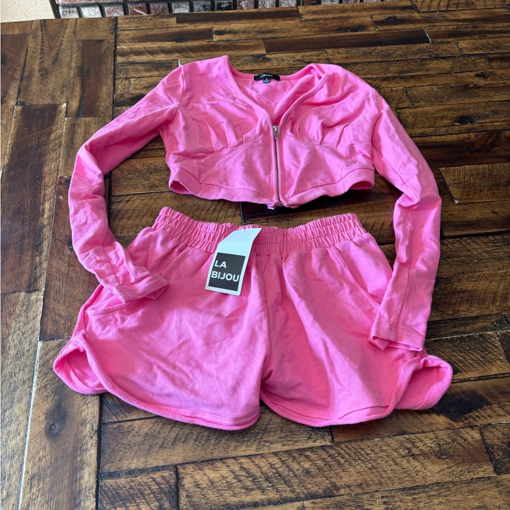 Pink Cropped Jacket and Shorts Set